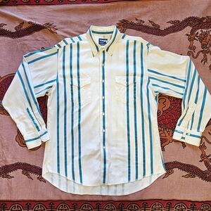 Wrangler Brushpopper White and Teal Striped Button-Down Shirt